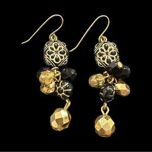 Vintage Black & Gold Dangling Beaded Earrings With Floral Design & Hook Back